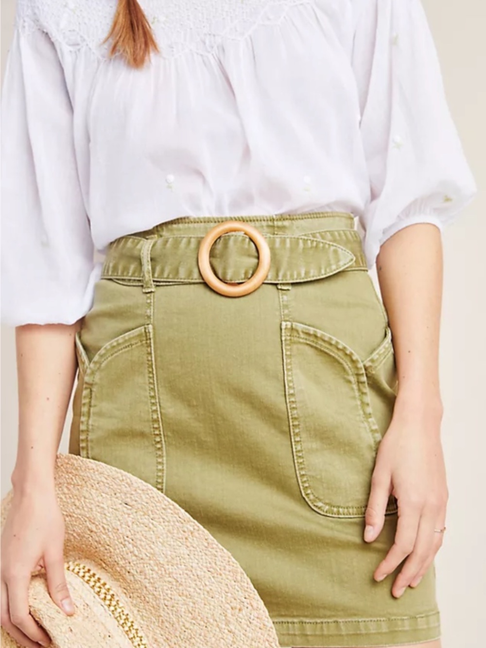 ANTHRO PILCRO Letterpress Belted Mini Skirt Olive Green w/ Wood Belt Buckle SZ 8